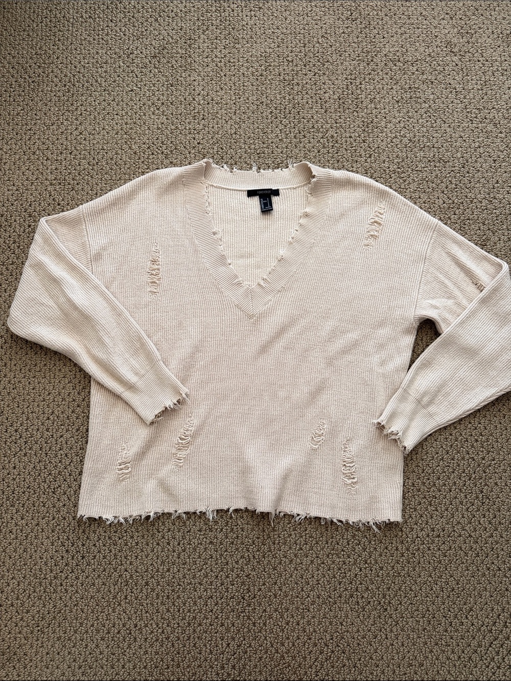 Forever 21 Cream Distressed V-Neck Sweater